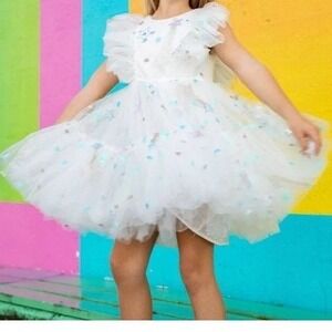 Lola + The Boys White Tulle Ruffle Shooting Star Sequin Dress Size 8 Party